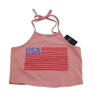 Isaac Morris Women's XXL USA Flag Graphic Halter Cropped Top Coral Pink NWT
